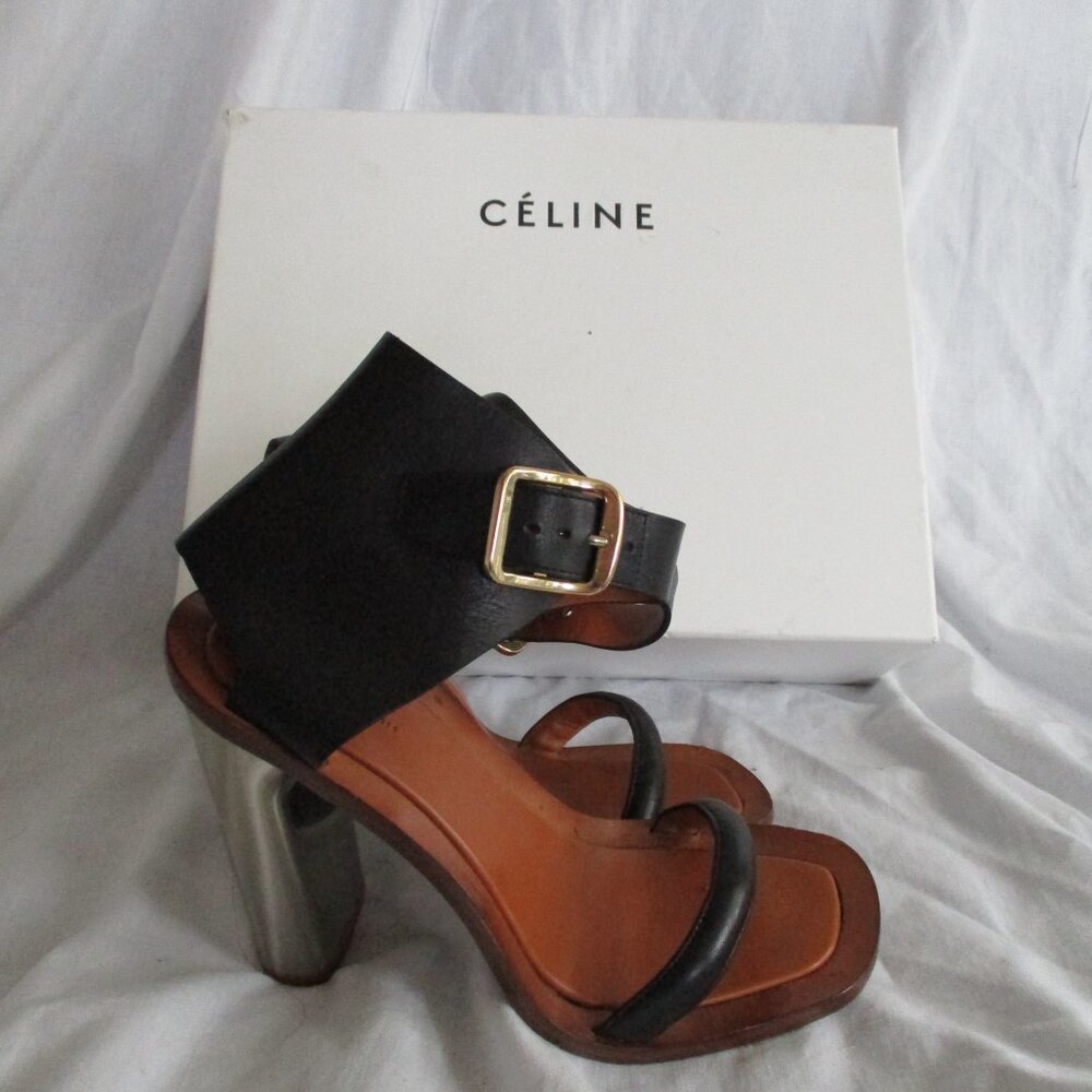 Celine Black and Brown Sandals with Silver Heel